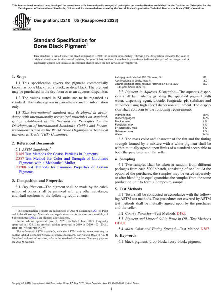 ASTM D210-05(2023) - Standard Specification for Bone Black Pigment