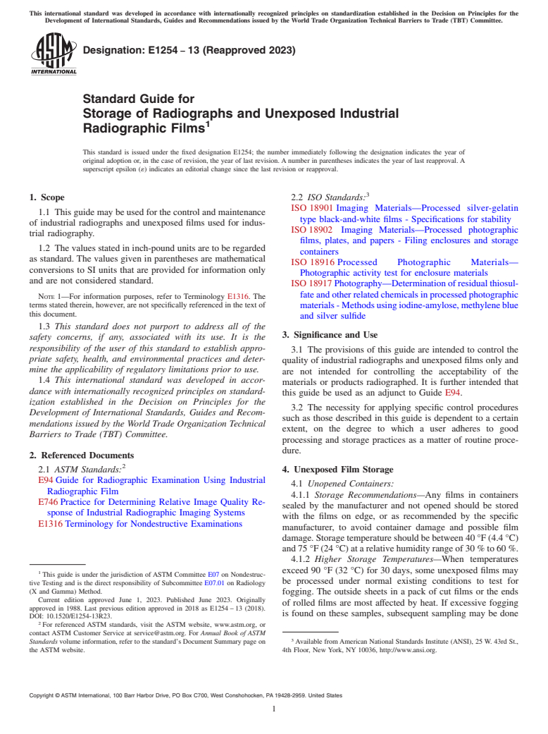 ASTM E1254-13(2023) - Standard Guide for  Storage of Radiographs and Unexposed Industrial Radiographic  Films