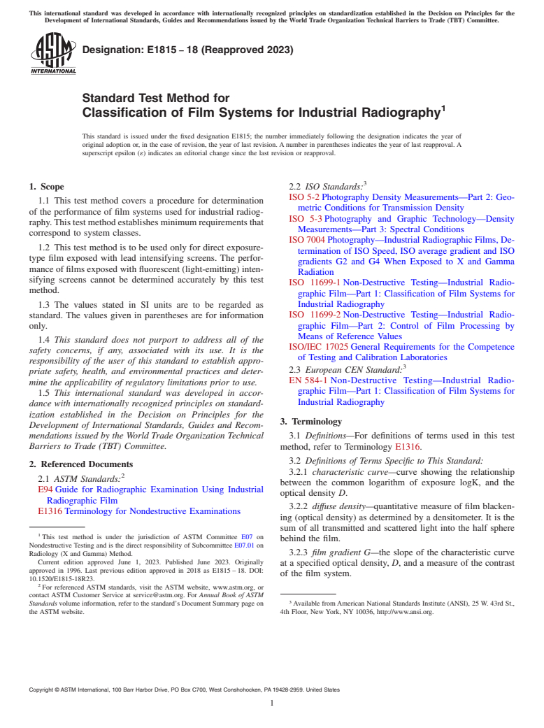 ASTM E1815-18(2023) - Standard Test Method for Classification of Film Systems for Industrial Radiography