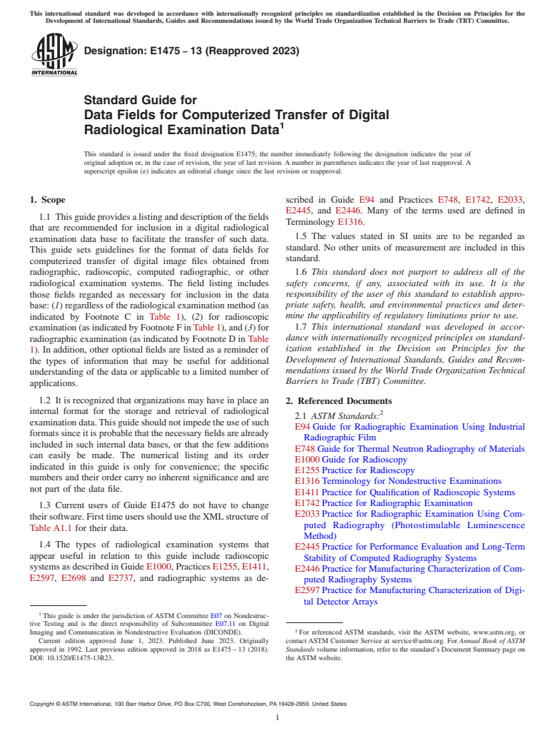 ASTM E1475-13(2023) - Standard Guide for  Data Fields for Computerized Transfer of Digital Radiological  Examination Data