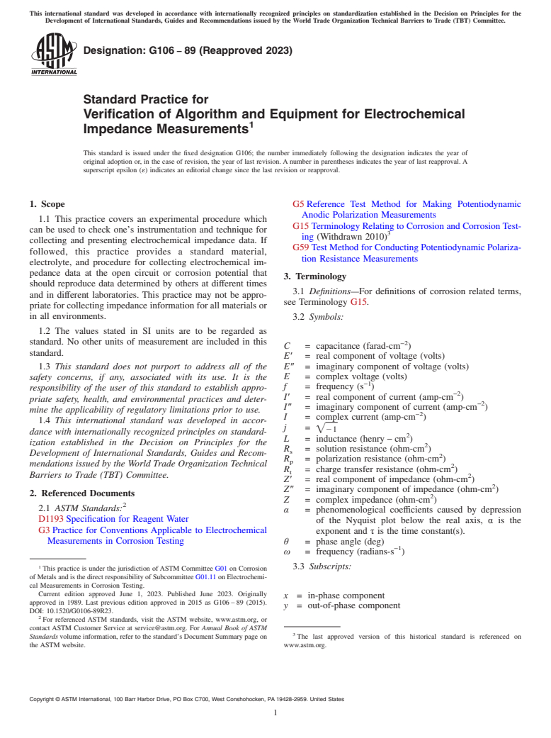 ASTM G106-89(2023) - Standard Practice for  Verification of Algorithm and Equipment for Electrochemical  Impedance Measurements