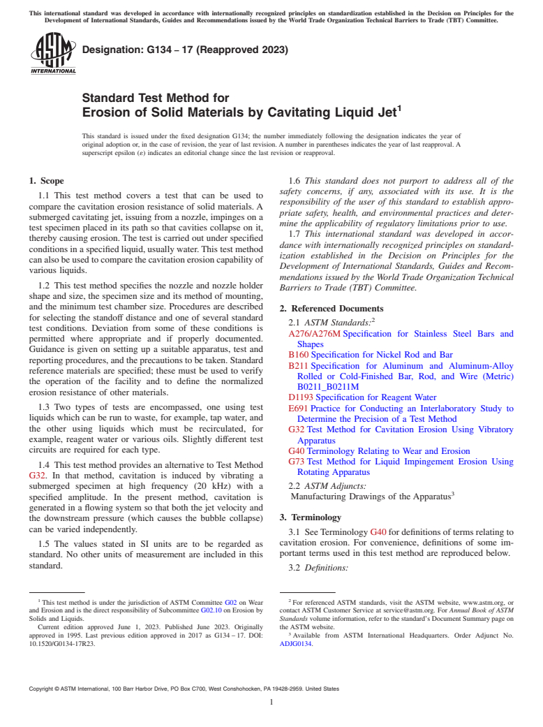 ASTM G134-17(2023) - Standard Test Method for  Erosion of Solid Materials by Cavitating Liquid Jet
