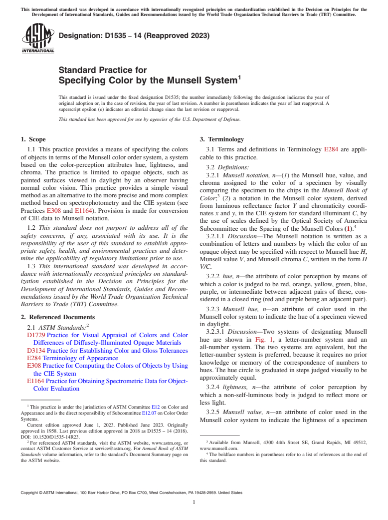 ASTM D1535-14(2023) - Standard Practice for Specifying Color by the Munsell System