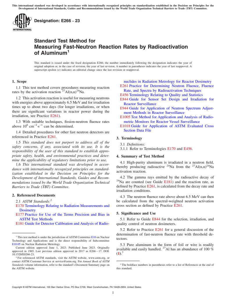 ASTM E266-23 - Standard Test Method for  Measuring Fast-Neutron Reaction Rates by Radioactivation of  Aluminum