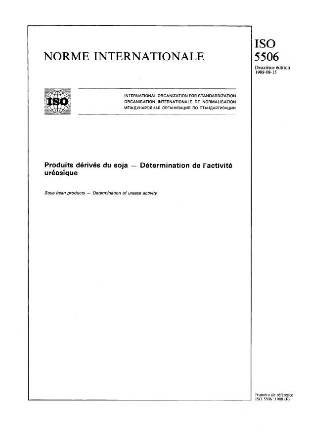 ISO 5506:1988 - Produits dérivés du soja -- Détermination de l'activité uréasique