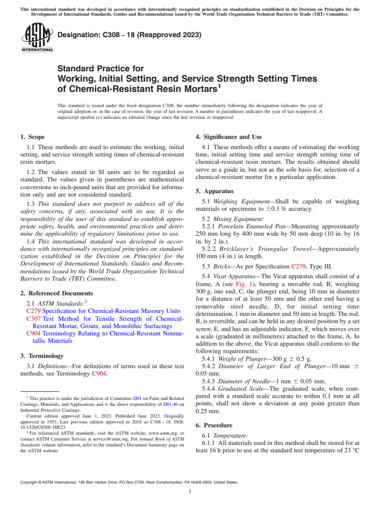 ASTM C308-18(2023) - Standard Practice for Working, Initial Setting, and Service Strength Setting Times  of Chemical-Resistant Resin Mortars