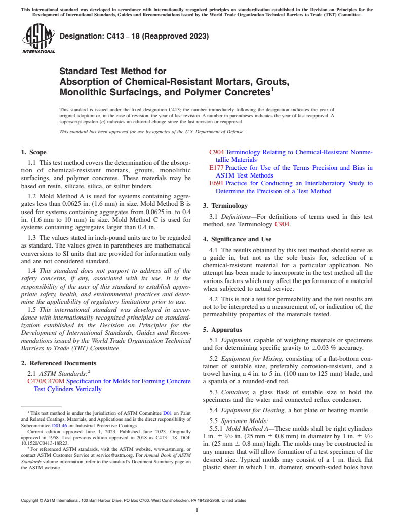 ASTM C413-18(2023) - Standard Test Method for Absorption of Chemical-Resistant Mortars, Grouts, Monolithic  Surfacings, and Polymer Concretes