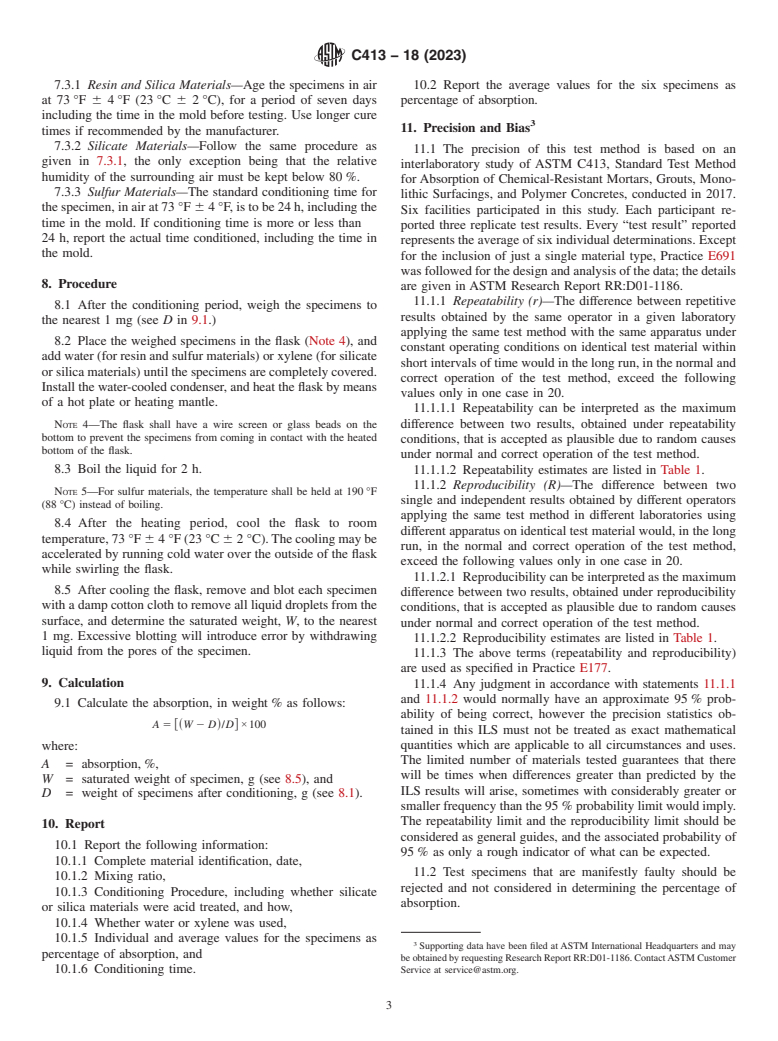 ASTM C413-18(2023) - Standard Test Method for Absorption of Chemical-Resistant Mortars, Grouts, Monolithic  Surfacings, and Polymer Concretes