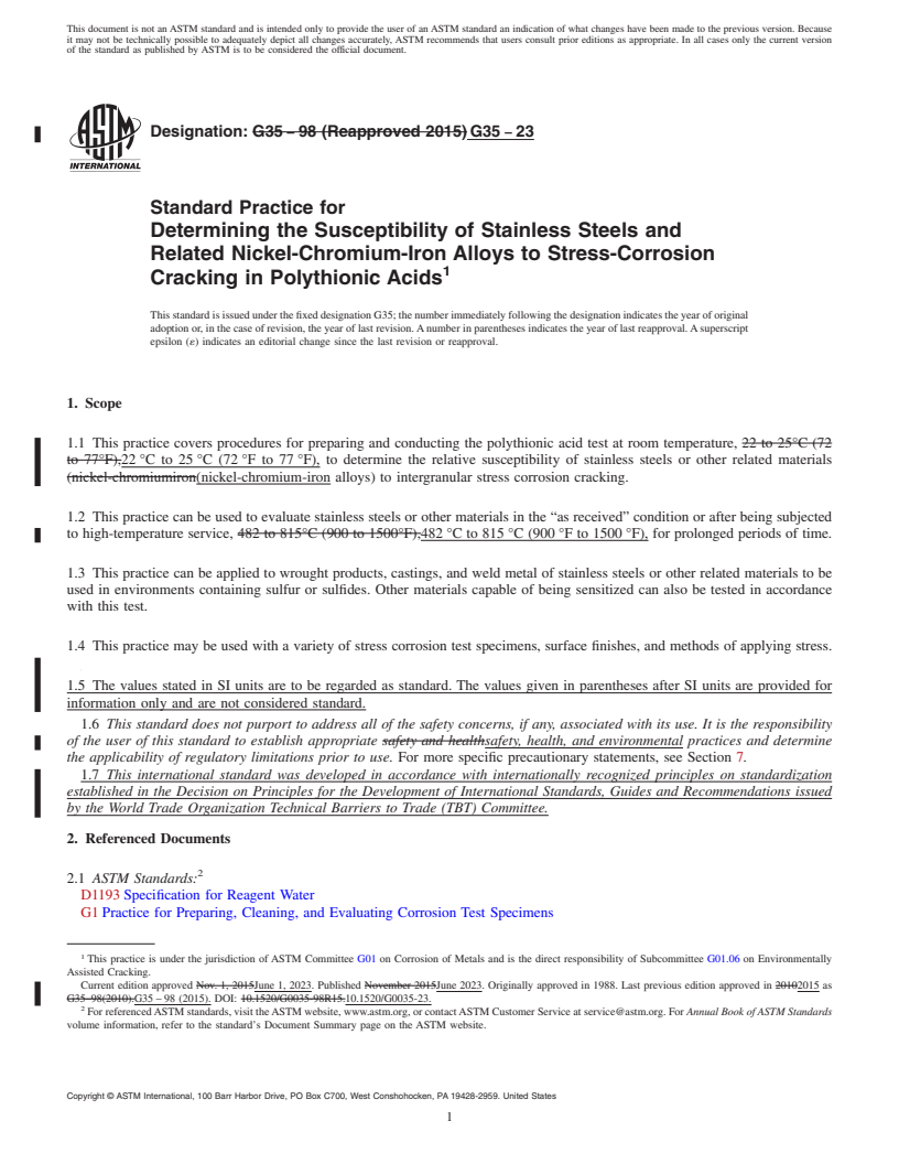 REDLINE ASTM G35-23 - Standard Practice for  Determining the Susceptibility of Stainless Steels and Related  Nickel-Chromium-Iron Alloys to Stress-Corrosion Cracking in Polythionic  Acids