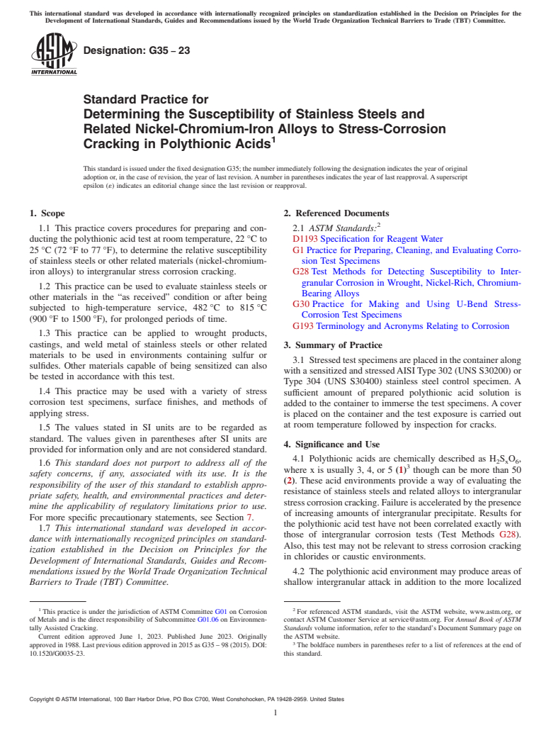 ASTM G35-23 - Standard Practice for  Determining the Susceptibility of Stainless Steels and Related  Nickel-Chromium-Iron Alloys to Stress-Corrosion Cracking in Polythionic  Acids
