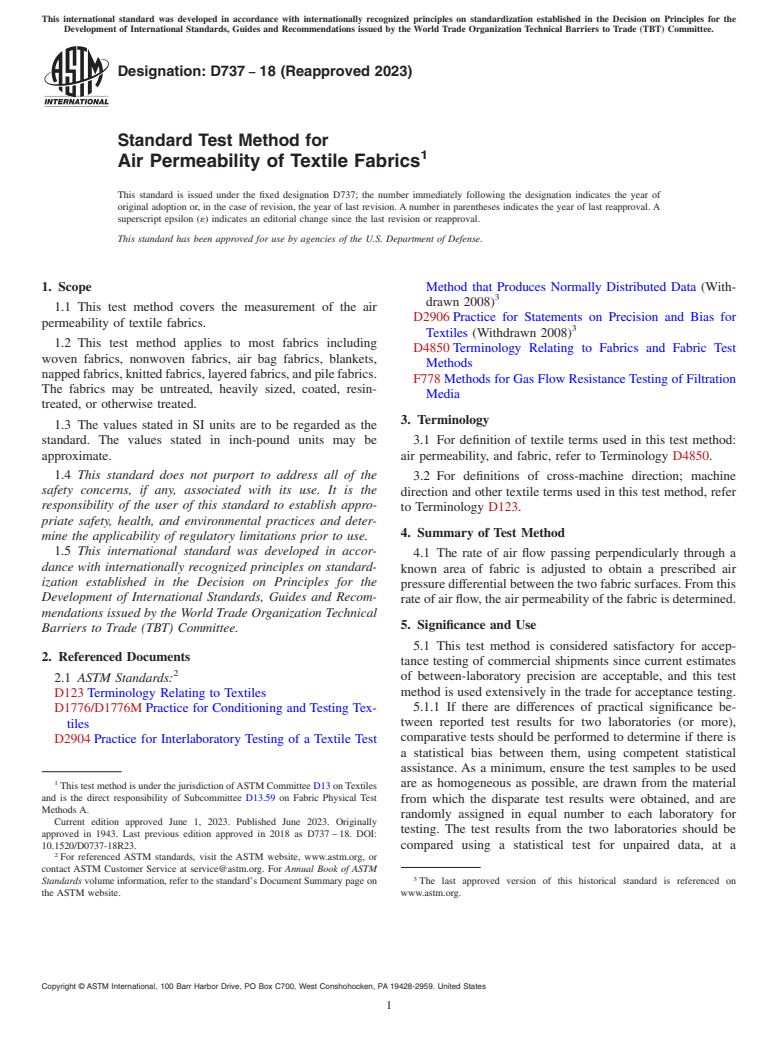 ASTM D737-18(2023) - Standard Test Method for  Air Permeability of Textile Fabrics