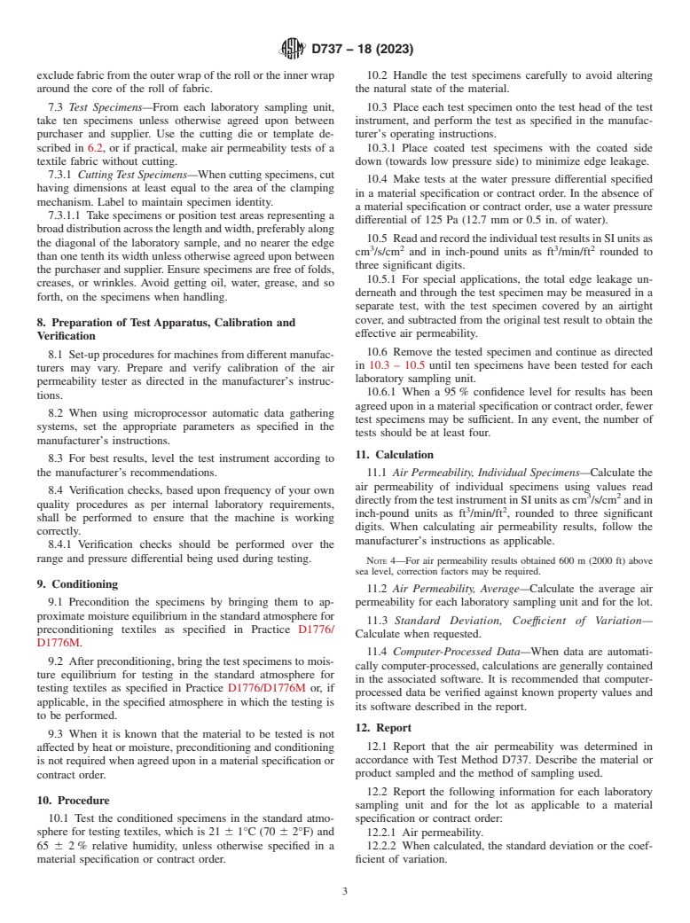 ASTM D737-18(2023) - Standard Test Method for  Air Permeability of Textile Fabrics