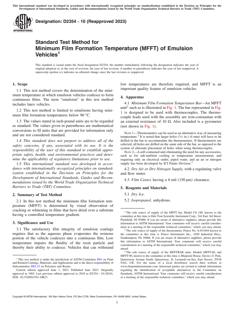 ASTM D2354-10(2023) - Standard Test Method for Minimum Film Formation Temperature (MFFT) of Emulsion Vehicles