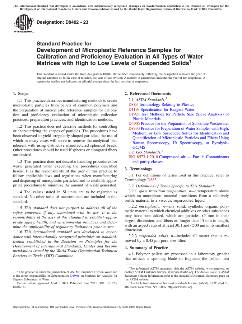 ASTM D8402-23 - Standard Practice for Development of Microplastic Reference Samples for Calibration  and Proficiency Evaluation in All Types of Water Matrices with High  to Low Levels of Suspended Solids