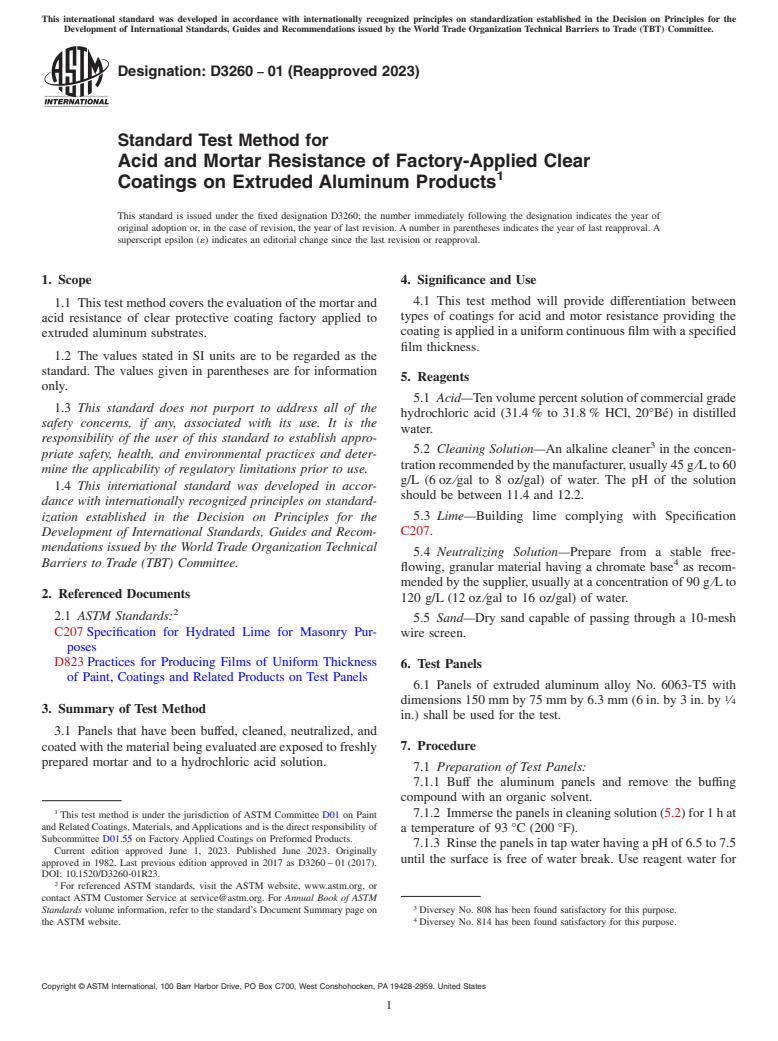 ASTM D3260-01(2023) - Standard Test Method for Acid and Mortar Resistance of Factory-Applied Clear Coatings   on Extruded Aluminum Products