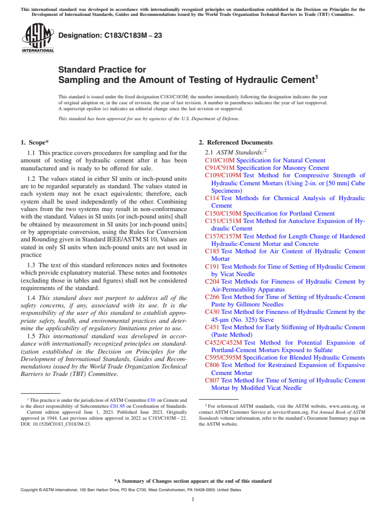 ASTM C183/C183M-23 - Standard Practice for  Sampling and the Amount of Testing of Hydraulic Cement