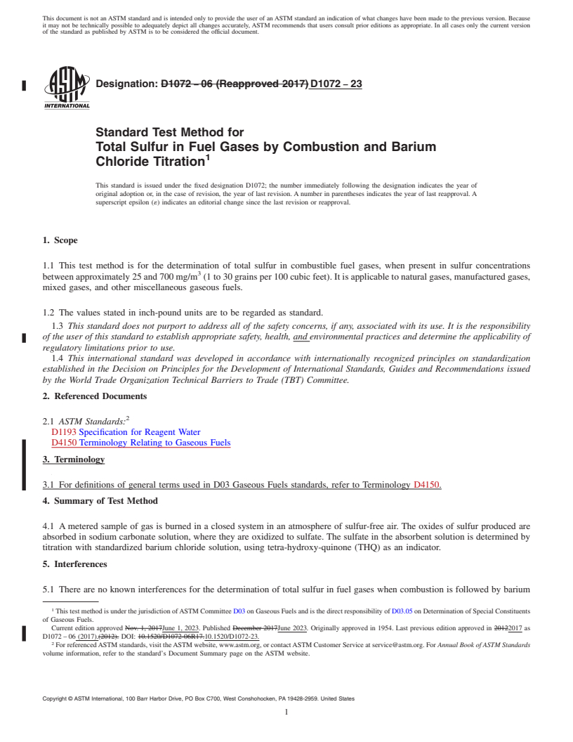 REDLINE ASTM D1072-23 - Standard Test Method for  Total Sulfur in Fuel Gases by Combustion and Barium Chloride  Titration