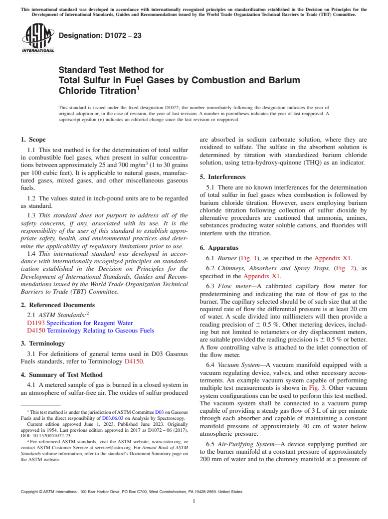 ASTM D1072-23 - Standard Test Method for  Total Sulfur in Fuel Gases by Combustion and Barium Chloride  Titration