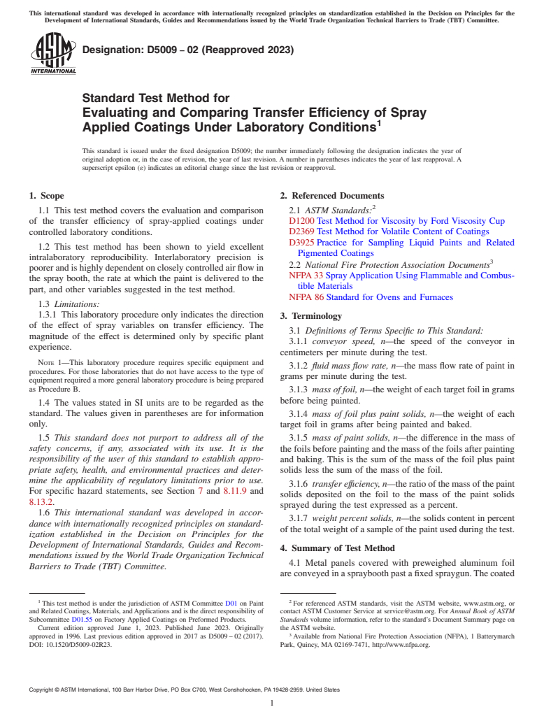 ASTM D5009-02(2023) - Standard Test Method for Evaluating and Comparing Transfer Efficiency of Spray Applied   Coatings Under Laboratory Conditions