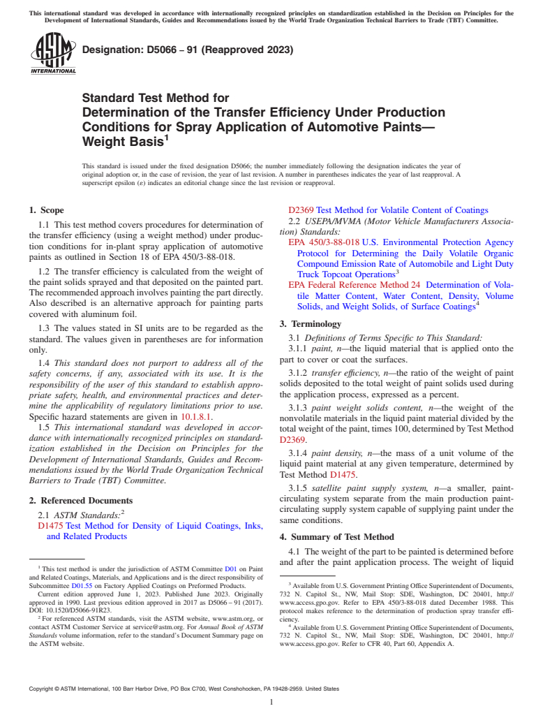 ASTM D5066-91(2023) - Standard Test Method for Determination of the Transfer Efficiency Under Production Conditions   for Spray Application of Automotive Paints—Weight Basis