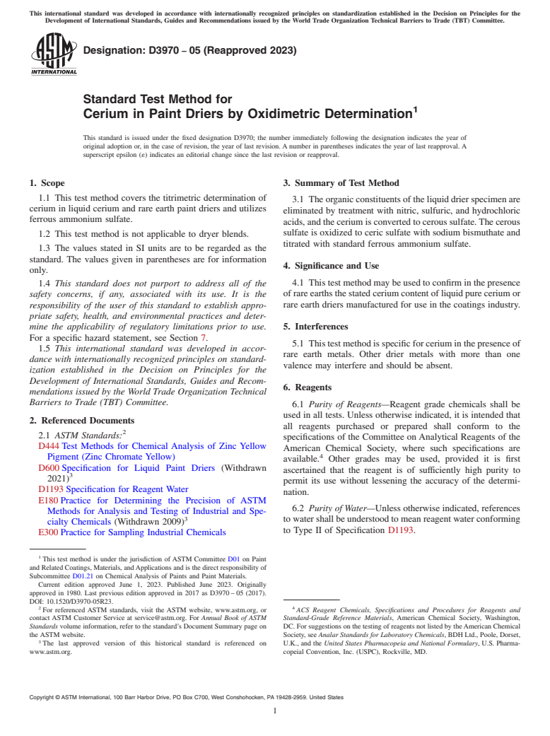 ASTM D3970-05(2023) - Standard Test Method for Cerium in Paint Driers by Oxidimetric Determination