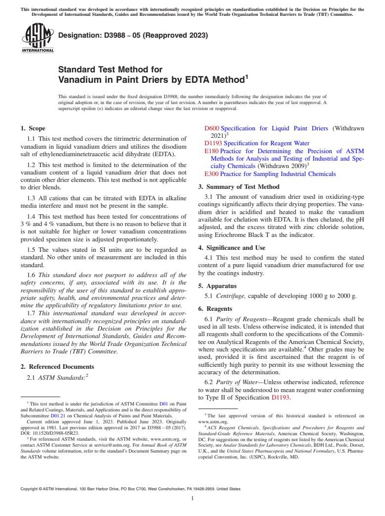 ASTM D3988-05(2023) - Standard Test Method for Vanadium in Paint Driers by EDTA Method