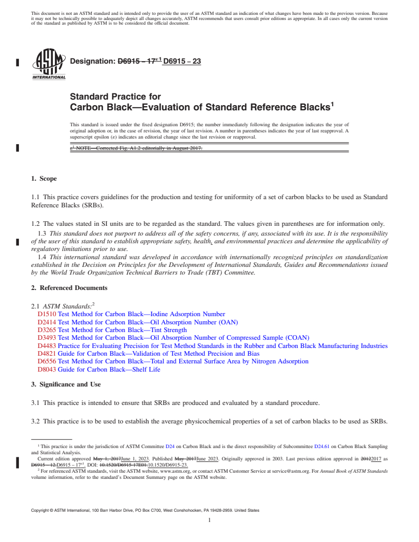 REDLINE ASTM D6915-23 - Standard Practice for  Carbon Black—Evaluation of Standard Reference Blacks