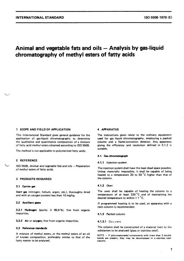 ISO 5508:1978 - Animal and vegetable fats and oils -- Analysis by gas-liquid chromatography of methyl esters of fatty acids