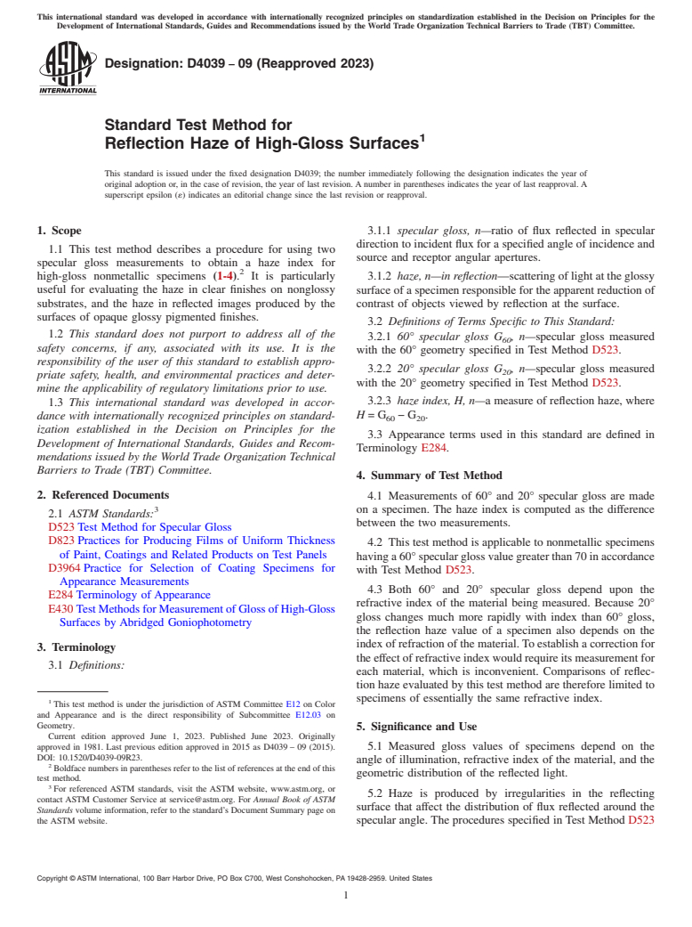 ASTM D4039-09(2023) - Standard Test Method for Reflection Haze of High-Gloss Surfaces