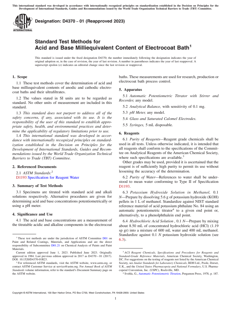 ASTM D4370-01(2023) - Standard Test Methods for Acid and Base Milliequivalent Content of Electrocoat Bath