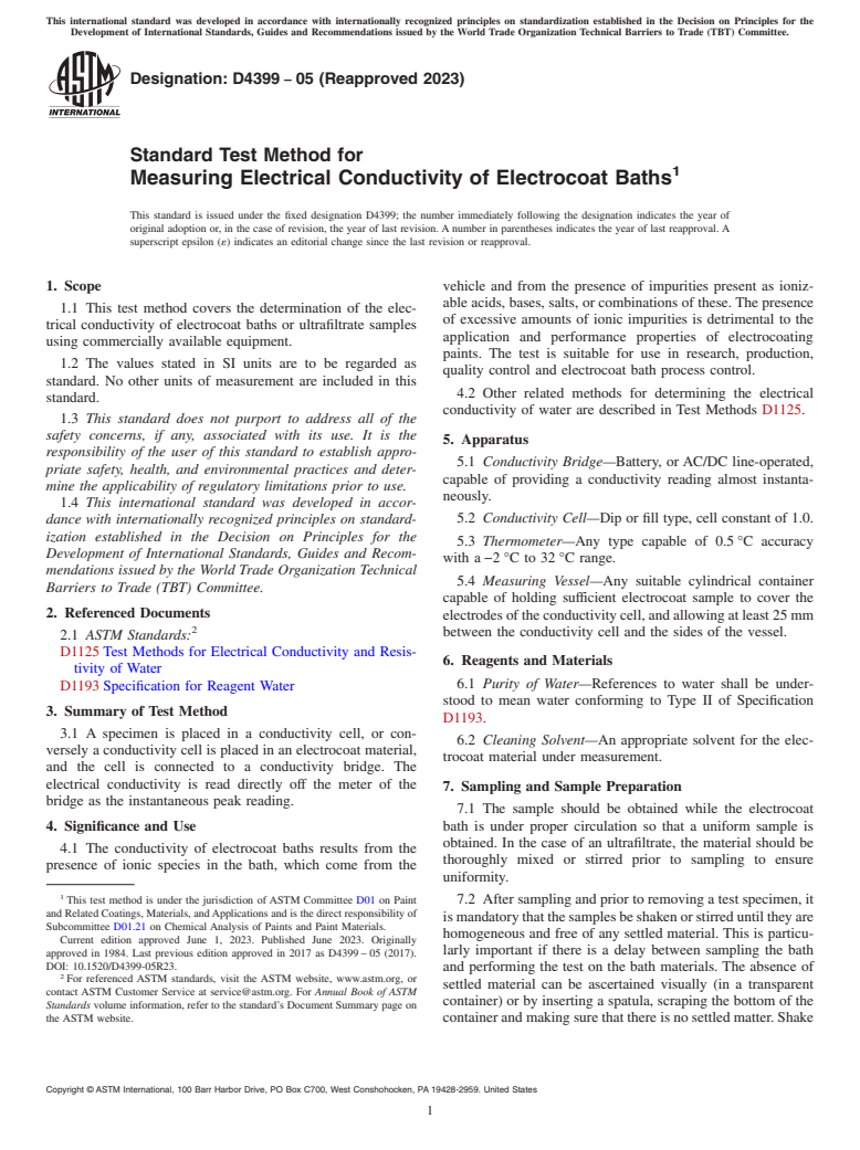 ASTM D4399-05(2023) - Standard Test Method for Measuring Electrical Conductivity of Electrocoat Baths