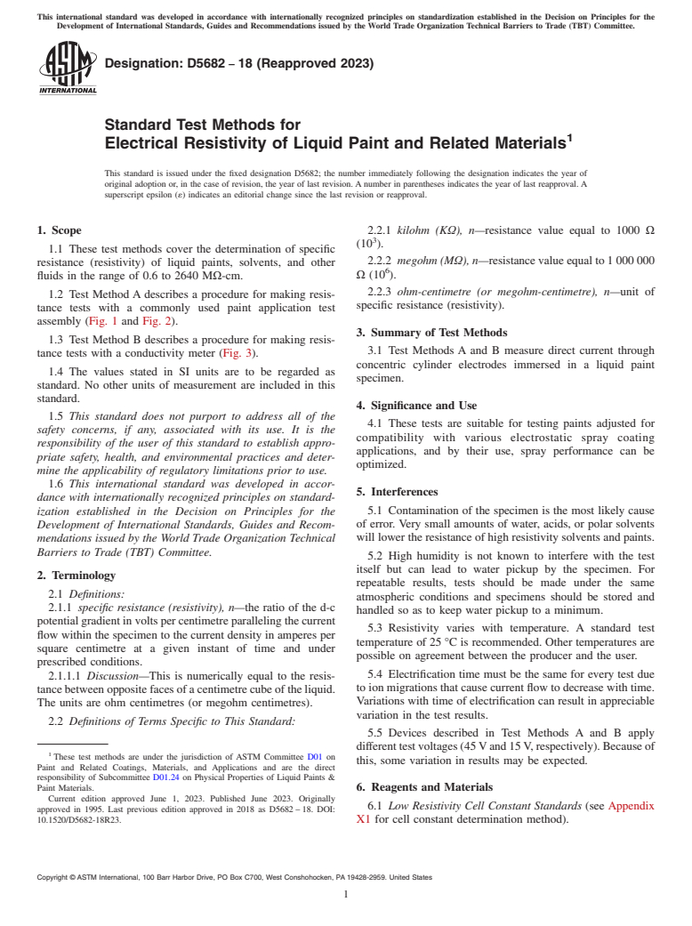 ASTM D5682-18(2023) - Standard Test Methods for  Electrical Resistivity of Liquid Paint and Related Materials