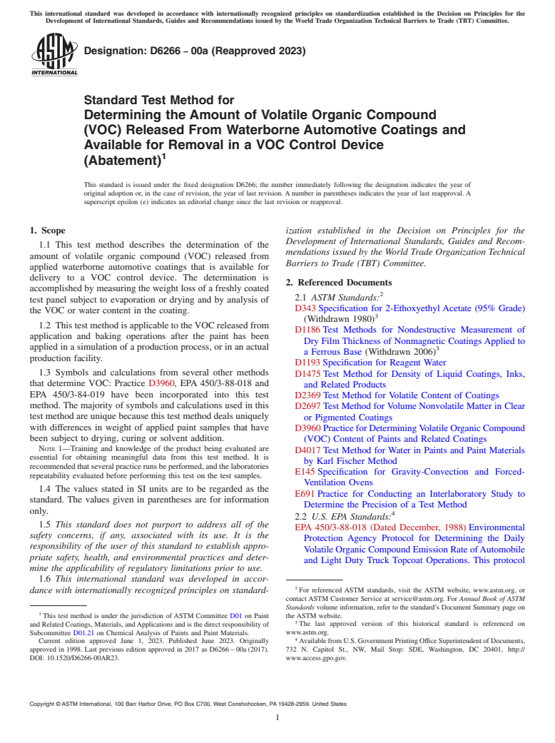 ASTM D6266-00a(2023) - Standard Test Method for Determining the Amount of Volatile Organic Compound (VOC) Released   From Waterborne Automotive Coatings and Available for Removal in  a  VOC Control Device (Abatement)