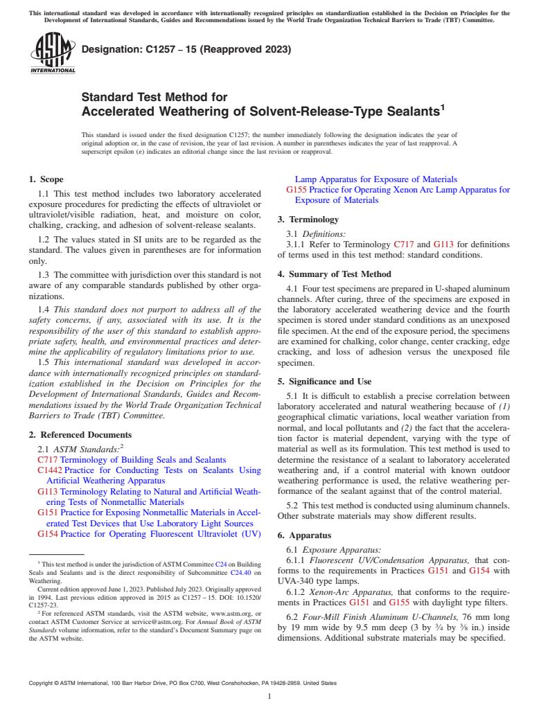 ASTM C1257-15(2023) - Standard Test Method for  Accelerated Weathering of Solvent-Release-Type Sealants