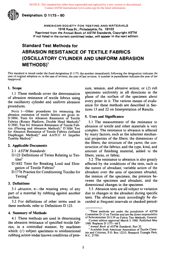 ASTM D1175-80 - Method of Abrasion Resistance of Textile Fabrics (Oscillatory Cylinder and Uniform Abrasion) (Withdrawn 1981)