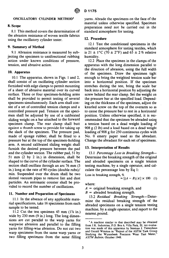 ASTM D1175-80 - Method of Abrasion Resistance of Textile Fabrics (Oscillatory Cylinder and Uniform Abrasion) (Withdrawn 1981)