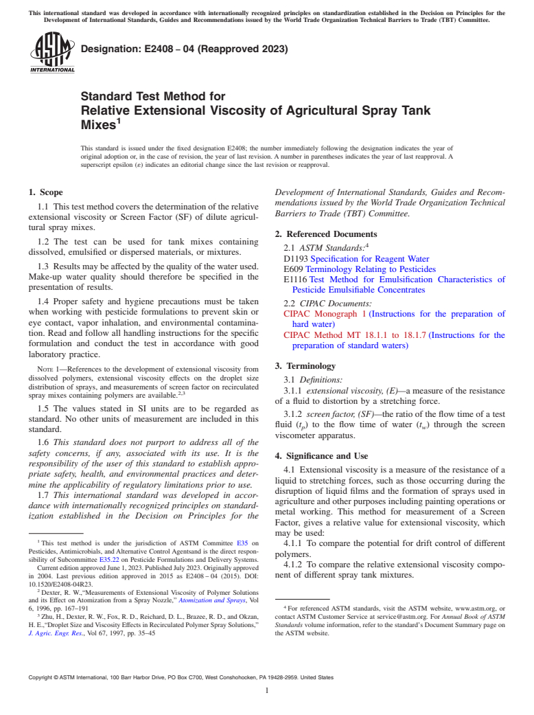 ASTM E2408-04(2023) - Standard Test Method for  Relative Extensional Viscosity of Agricultural Spray Tank Mixes