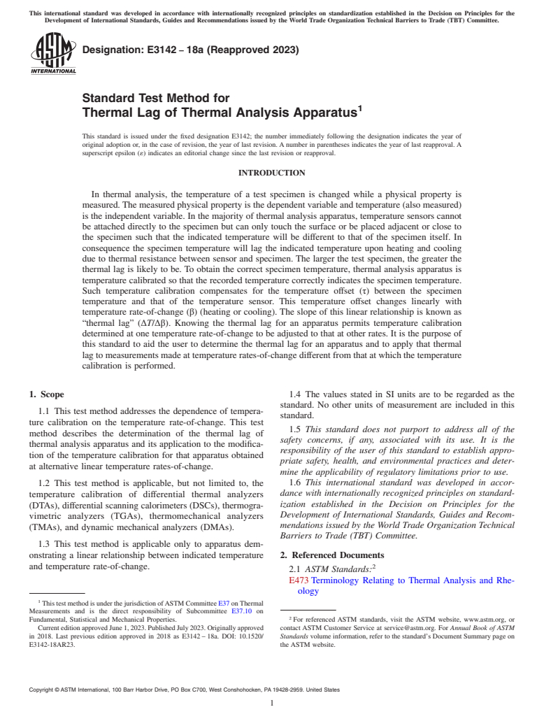 ASTM E3142-18a(2023) - Standard Test Method for Thermal Lag of Thermal Analysis Apparatus