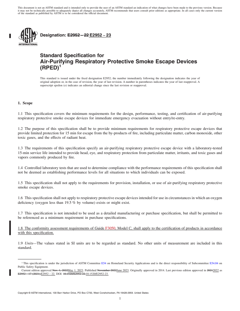 REDLINE ASTM E2952-23 - Standard Specification for Air-Purifying Respiratory Protective Smoke Escape Devices (RPED)