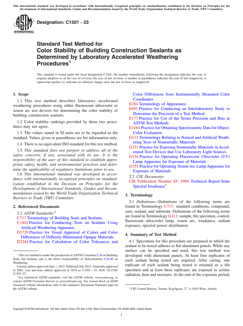 ASTM C1501-23 - Standard Test Method for  Color Stability of Building Construction Sealants as Determined  by Laboratory Accelerated Weathering Procedures