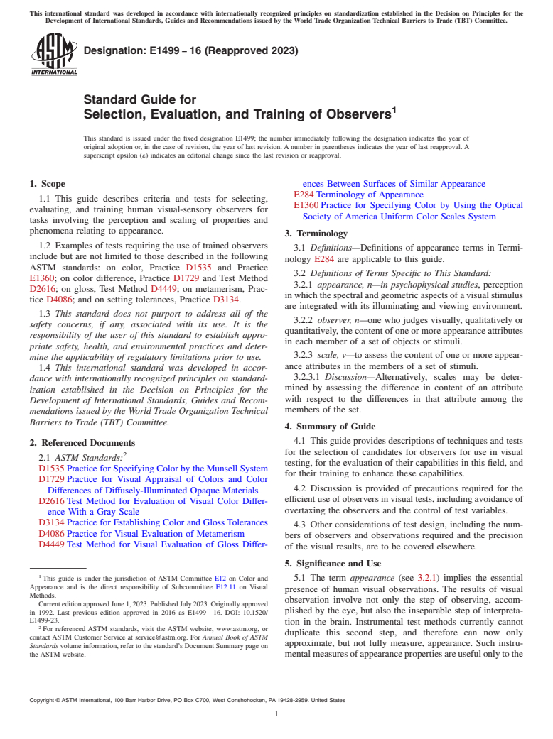 ASTM E1499-16(2023) - Standard Guide for Selection, Evaluation, and Training of Observers