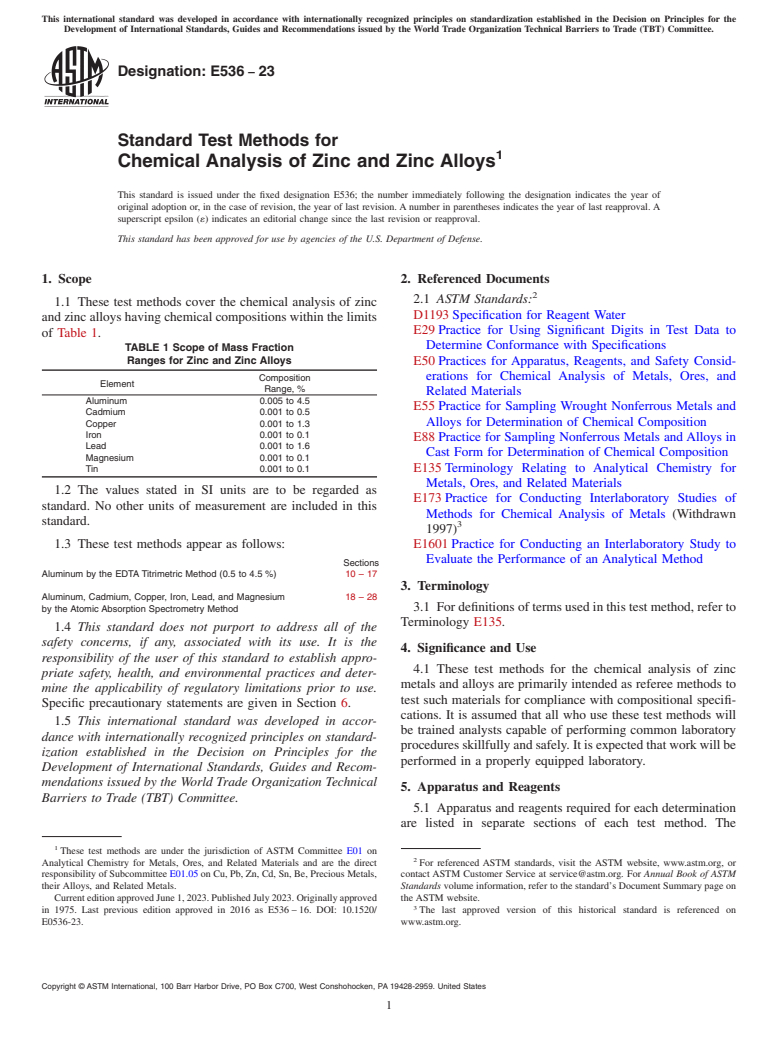 ASTM E536-23 - Standard Test Methods for  Chemical Analysis of Zinc and Zinc Alloys