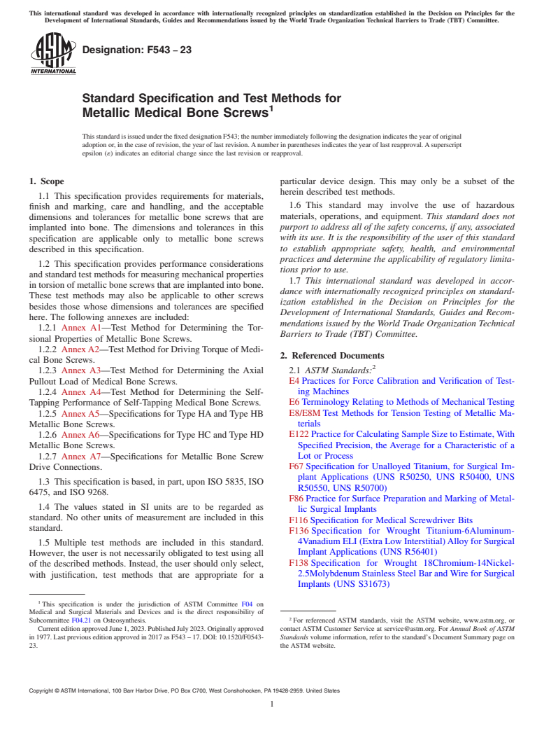 ASTM F543-23 - Standard Specification and Test Methods for  Metallic Medical Bone Screws