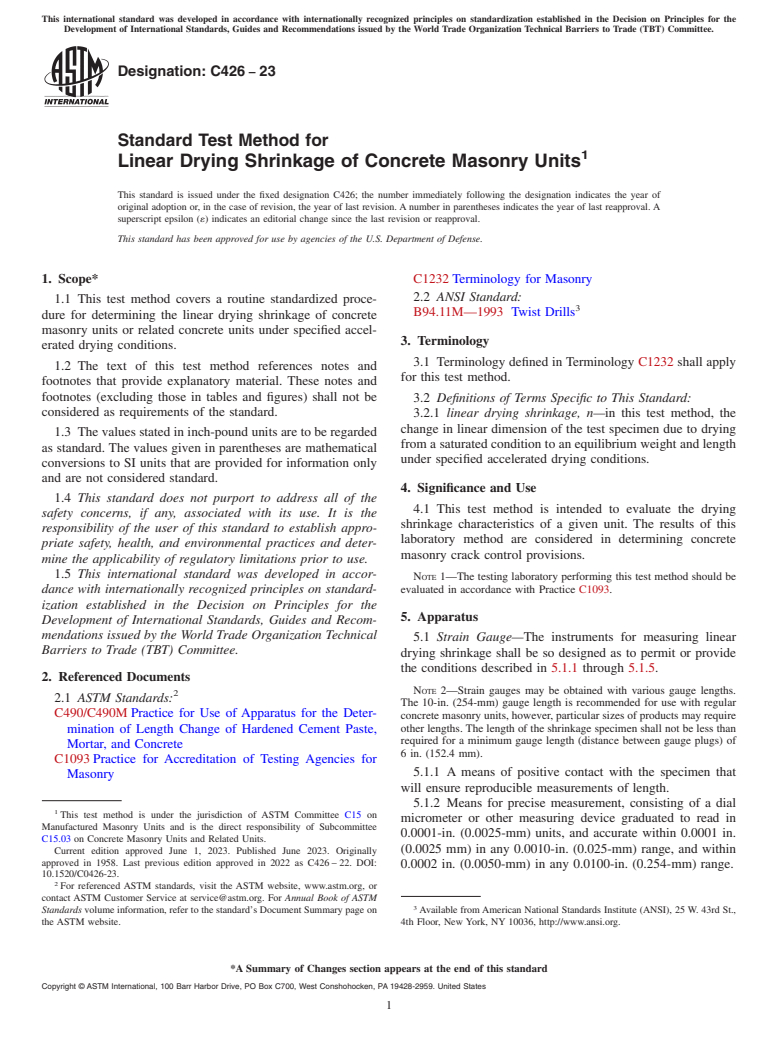 ASTM C426-23 - Standard Test Method for Linear Drying Shrinkage of Concrete Masonry Units