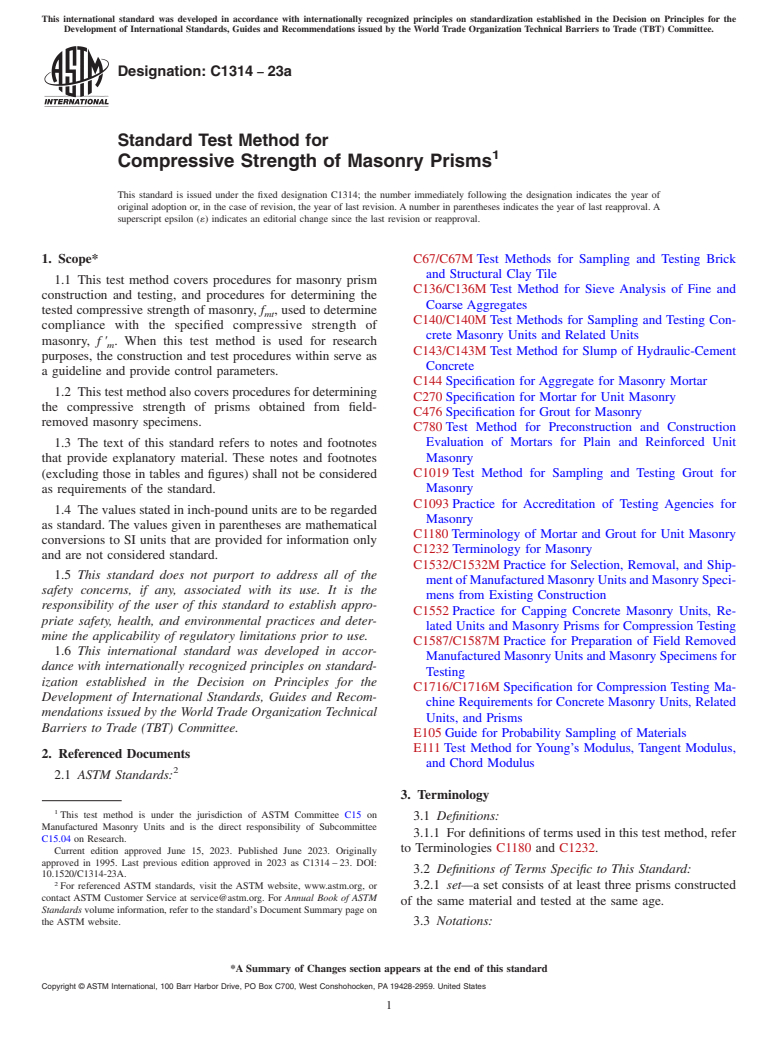 ASTM C1314-23a - Standard Test Method for Compressive Strength of Masonry Prisms