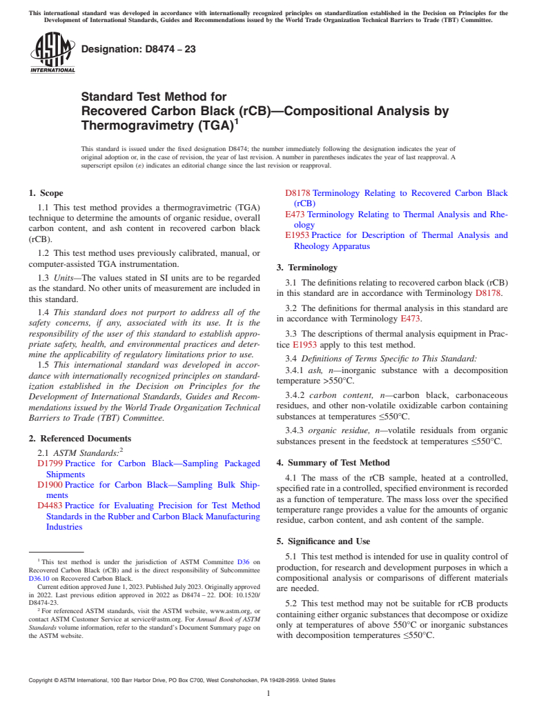 ASTM D8474-23 - Standard Test Method for Recovered Carbon Black (rCB)—Compositional Analysis  by Thermogravimetry (TGA)