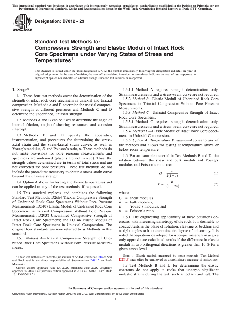 ASTM D7012-23 - Standard Test Methods for Compressive Strength and Elastic Moduli of Intact Rock Core  Specimens under Varying States of Stress and Temperatures