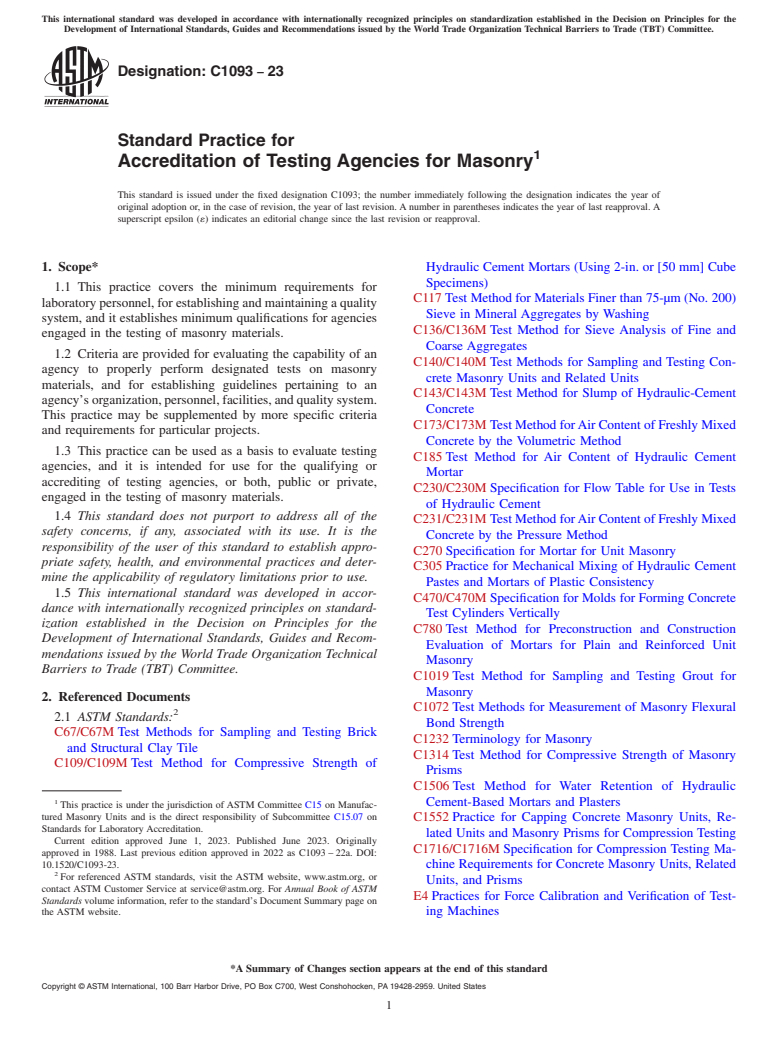 ASTM C1093-23 - Standard Practice for Accreditation of Testing Agencies for Masonry
