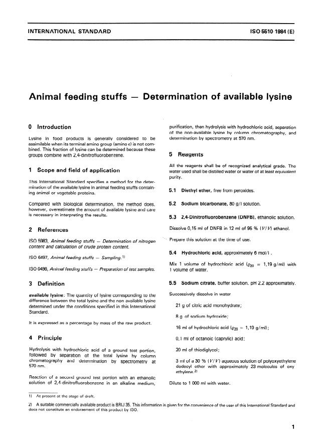 ISO 5510:1984 - Animal feeding stuffs -- Determination of available lysine