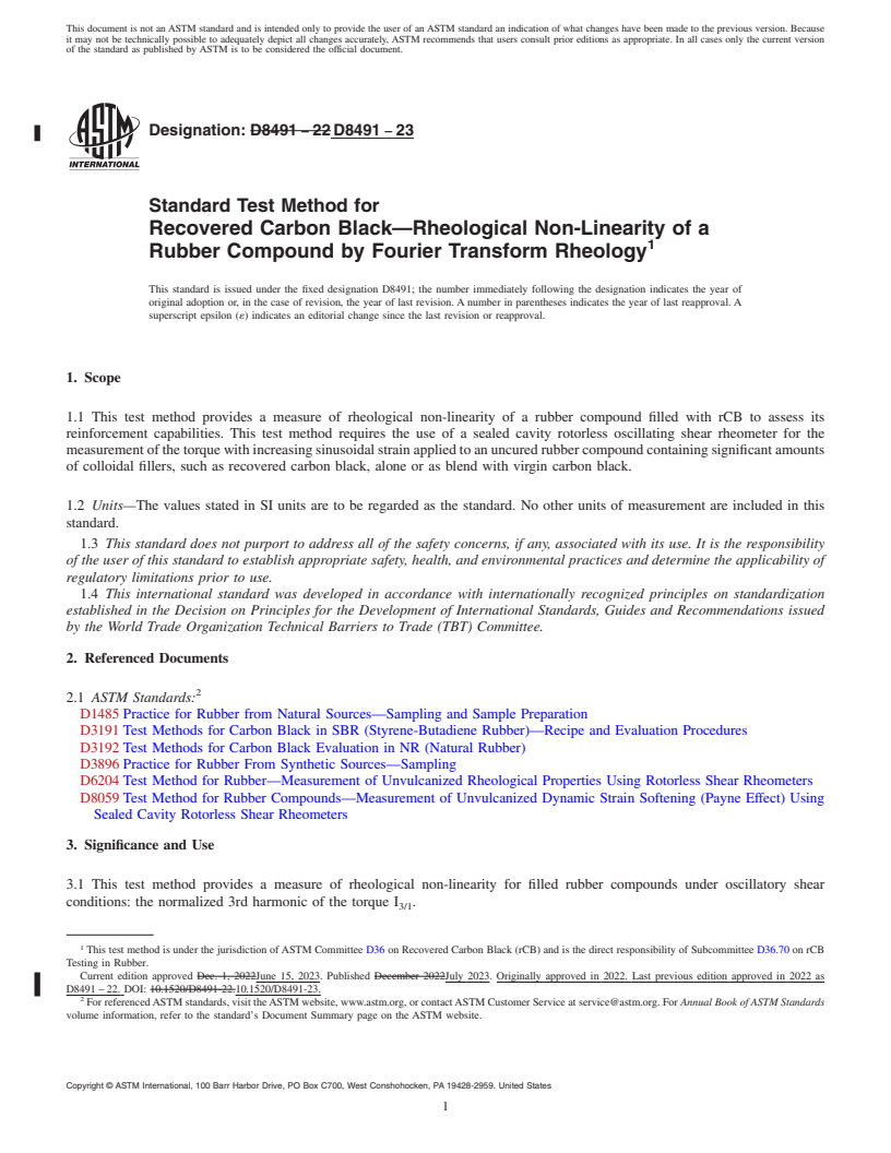 REDLINE ASTM D8491-23 - Standard Test Method for Recovered Carbon Black—Rheological Non-Linearity of  a Rubber Compound by Fourier Transform Rheology